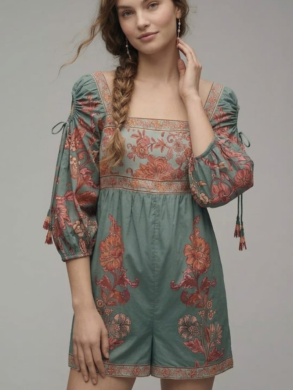 Farm Rio x Anthropologie Puff-Sleeve Square-Neck Romper